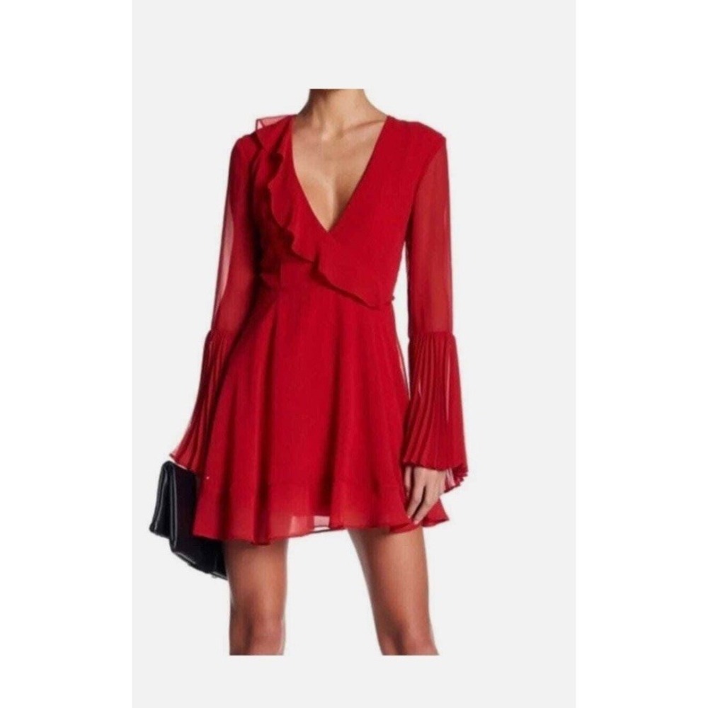 Keepsake Seasons women's Med red‎ long pleated sleeve faux wrap dress Cocktail
